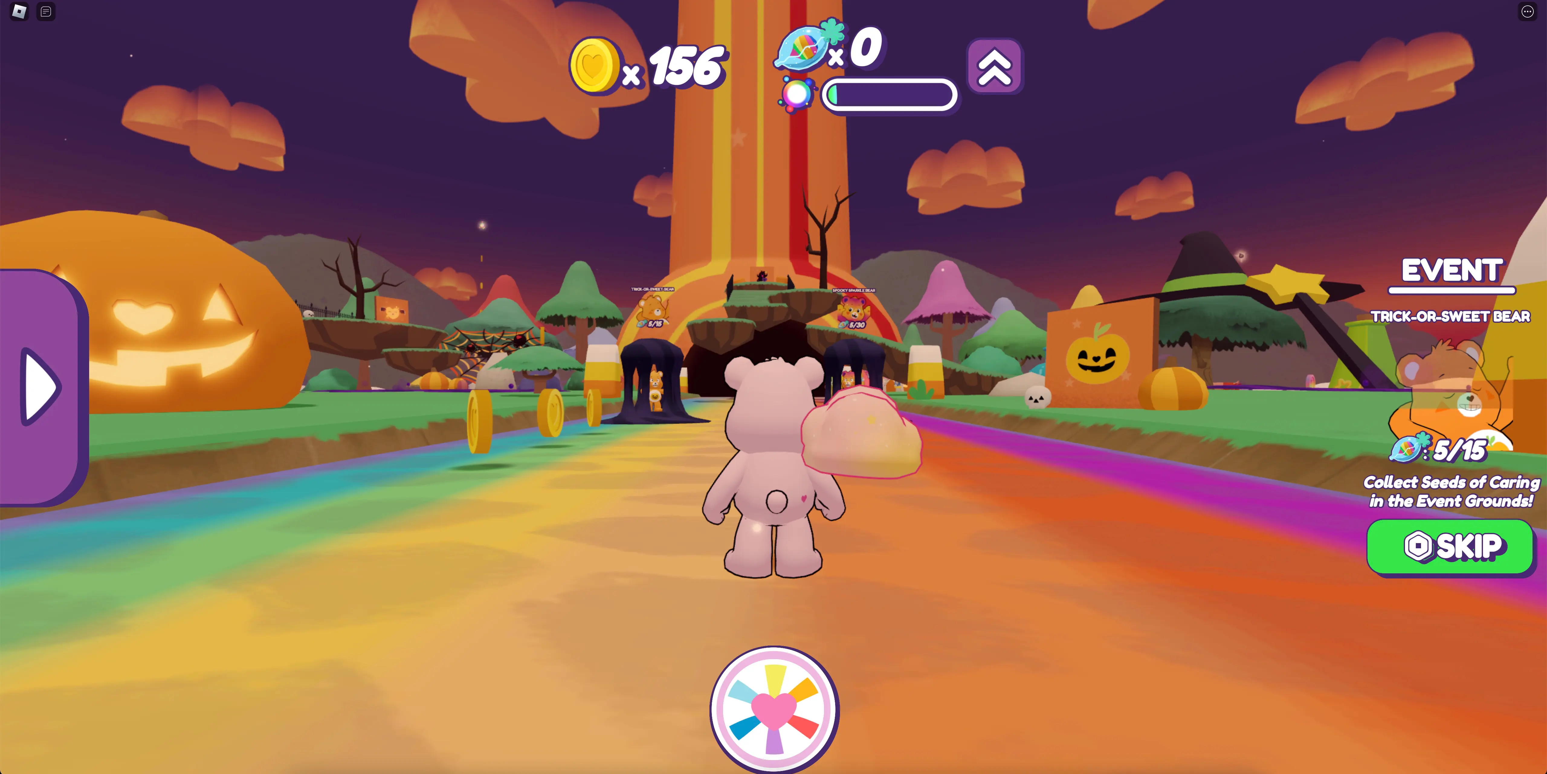 A pale pink Care Bear stands on a rainbow road near a jack-o-lantern, a Halloween sign, and other decorations in the Care Bears: Caring Quest Roblox experience