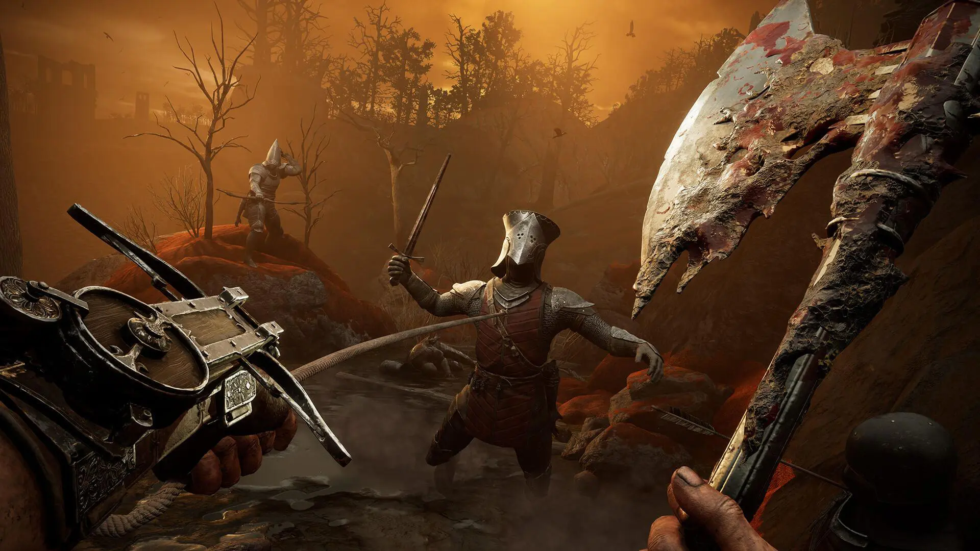 VR game screenshot with the player character holding an axe in their right hand and a crossbow in the their left as they attack an enemy standing in front of them