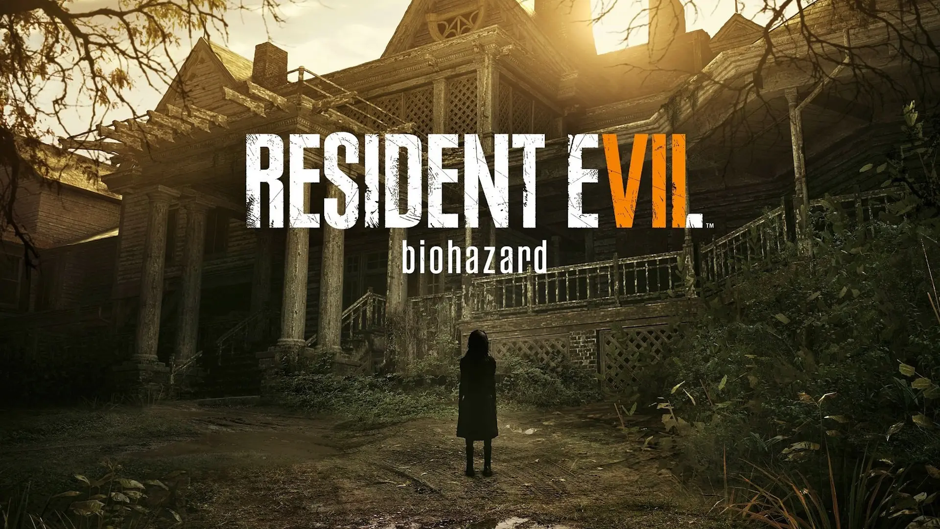 A small girl stands before the large decrepit Resident Evil 7 mansion.