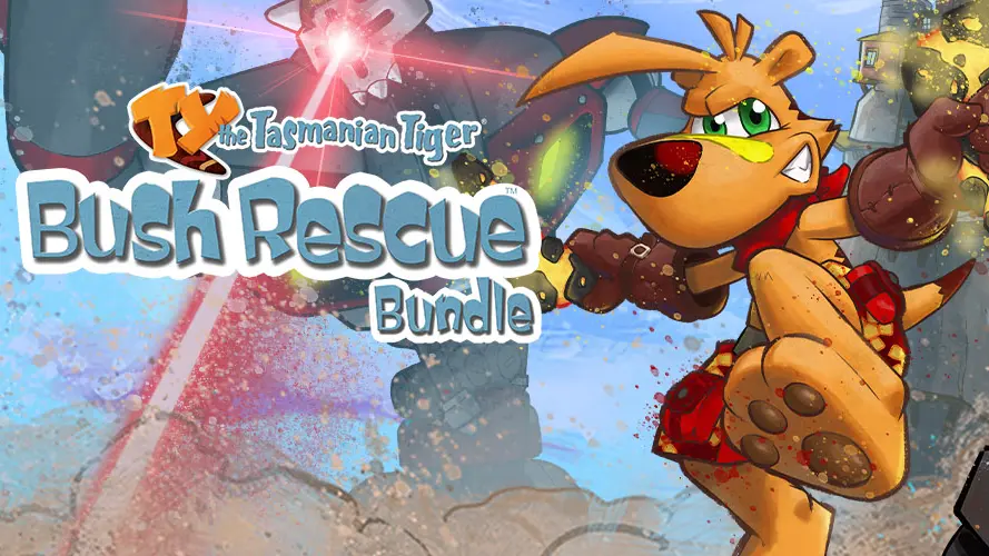 Ty the Tasmanian Tiger jumps in the air to the right of the Ty the Tasmanian Tiger Bush Rescue Bundle logo