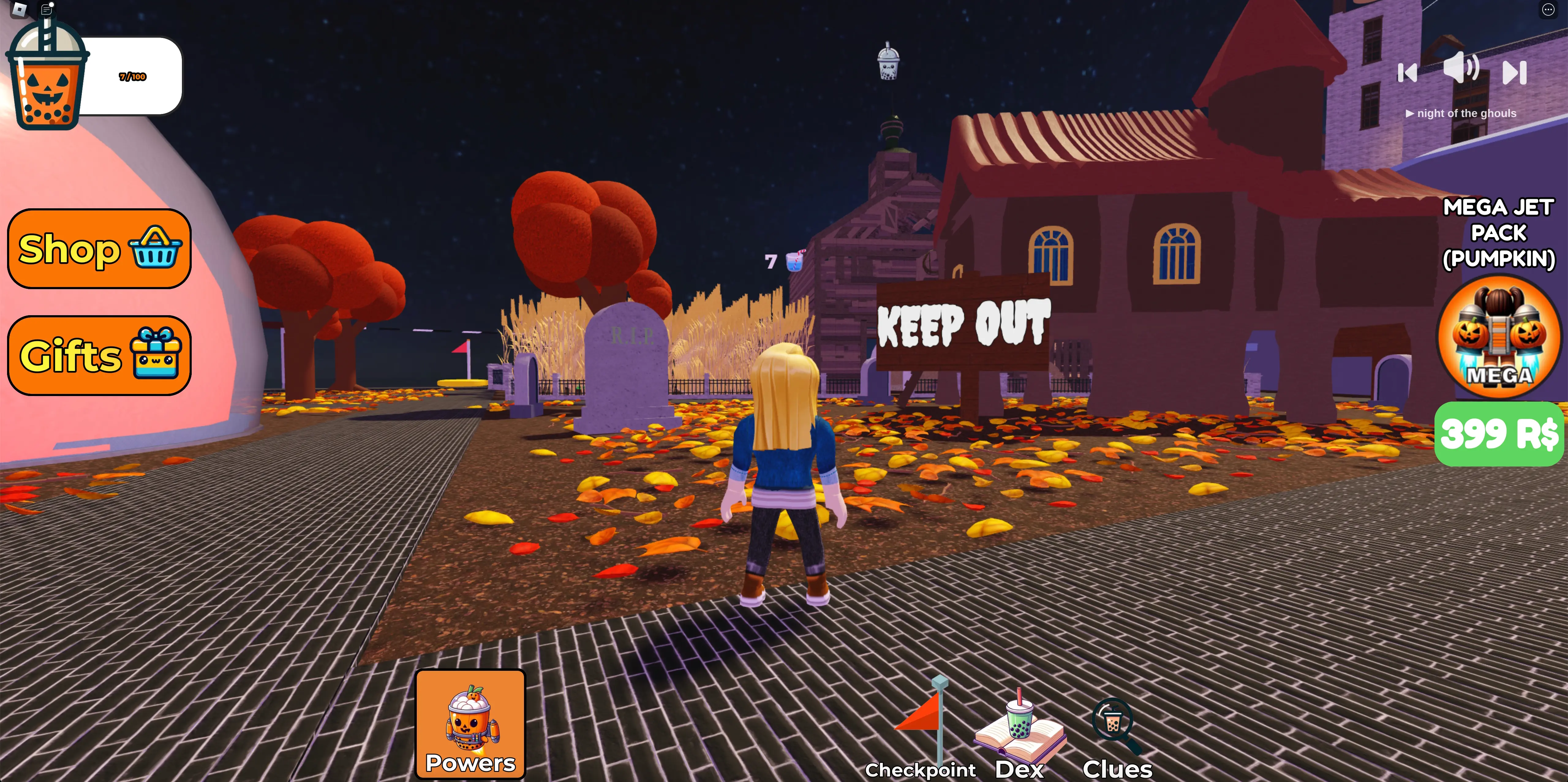 A blonde Roblox avatar stands near a graveyard in the Halloween Bobas Roblox experience