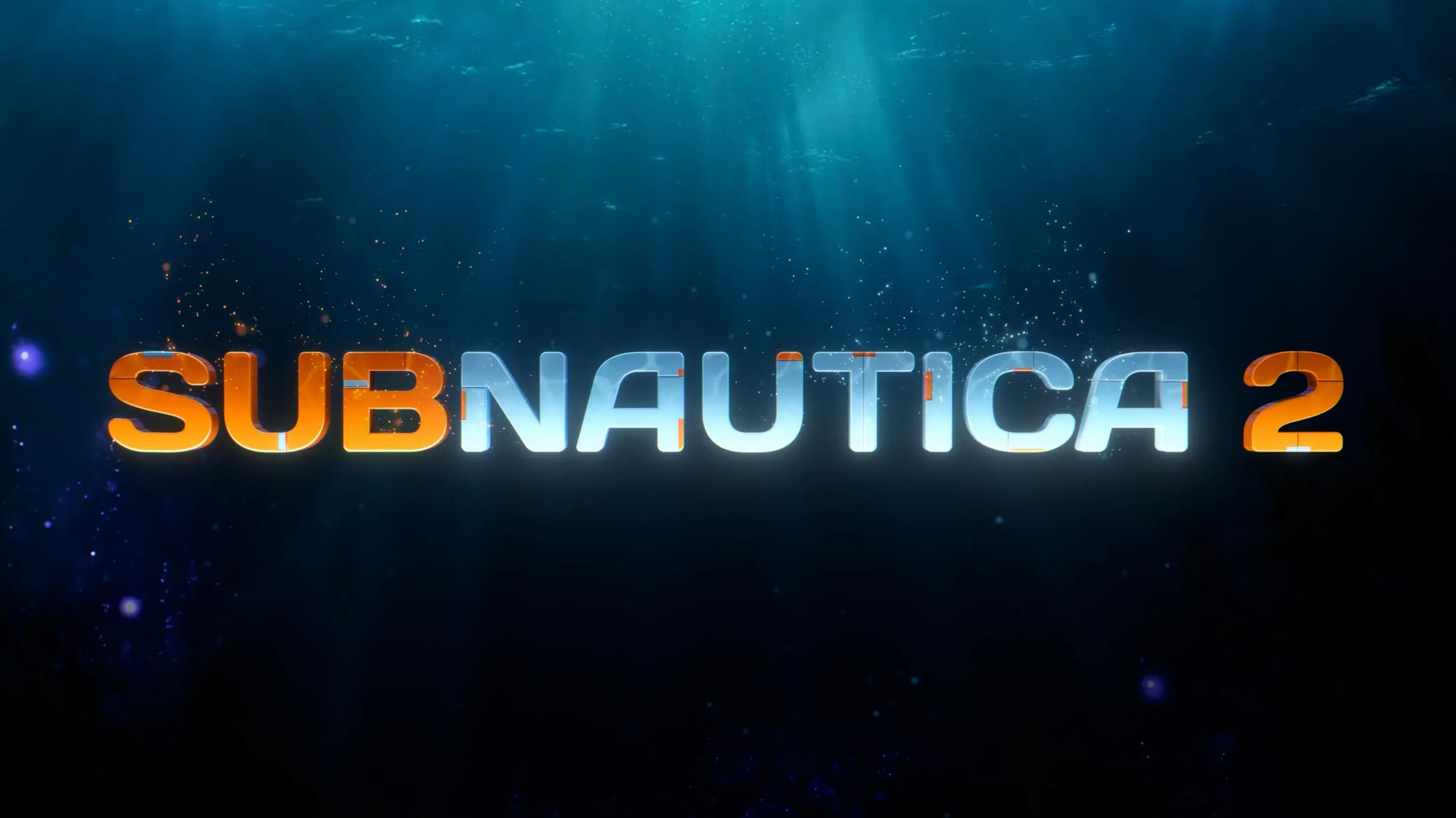 Blue and orange Subnautica 2 logo against a dark underwater background