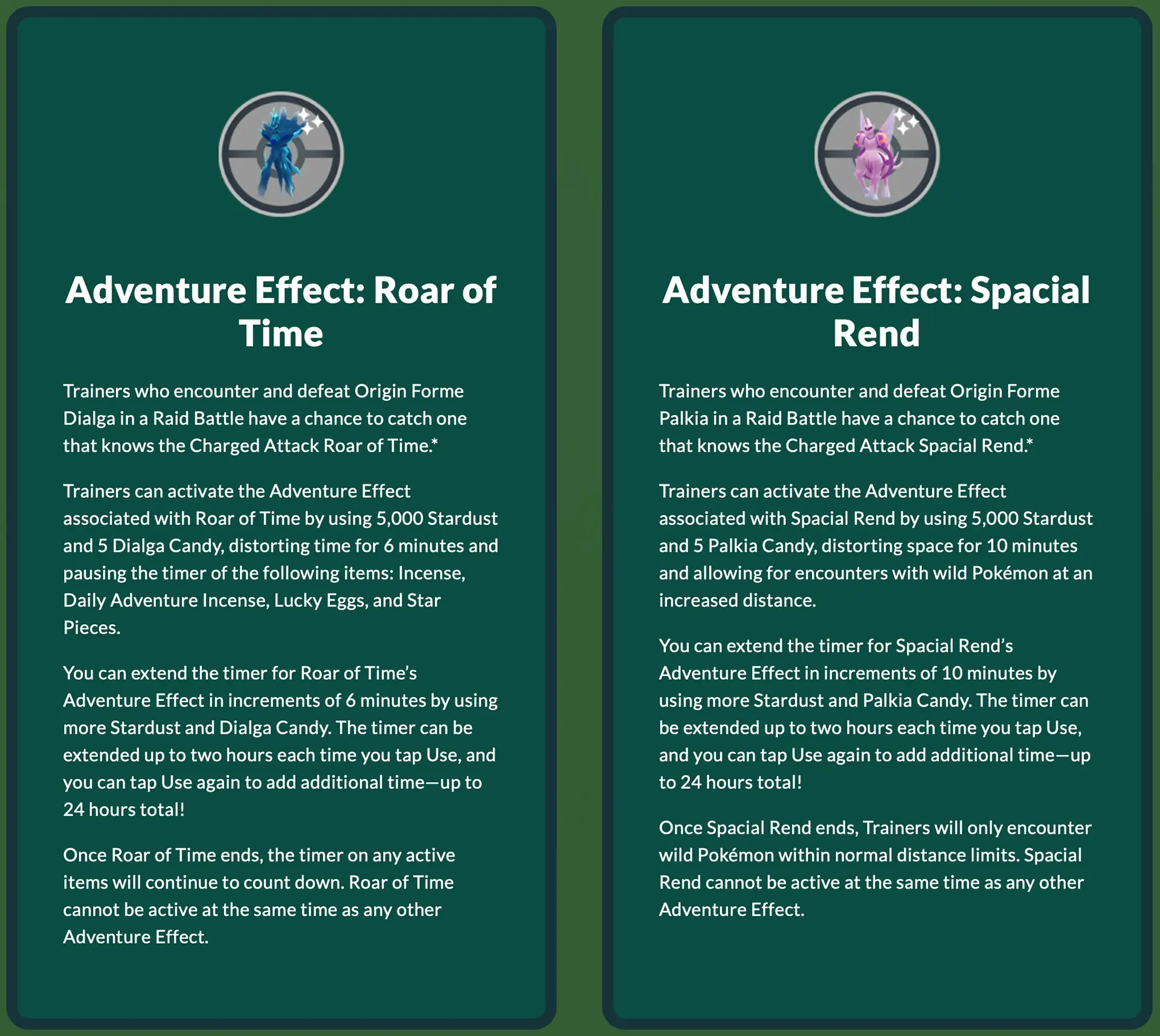 Two columns of text describe the Roar of Time and Spacial Rend Adventure Effects in Pokemon Go