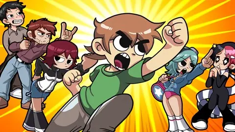 Scott pilgrim punches upwards while other characters strike poses behind them