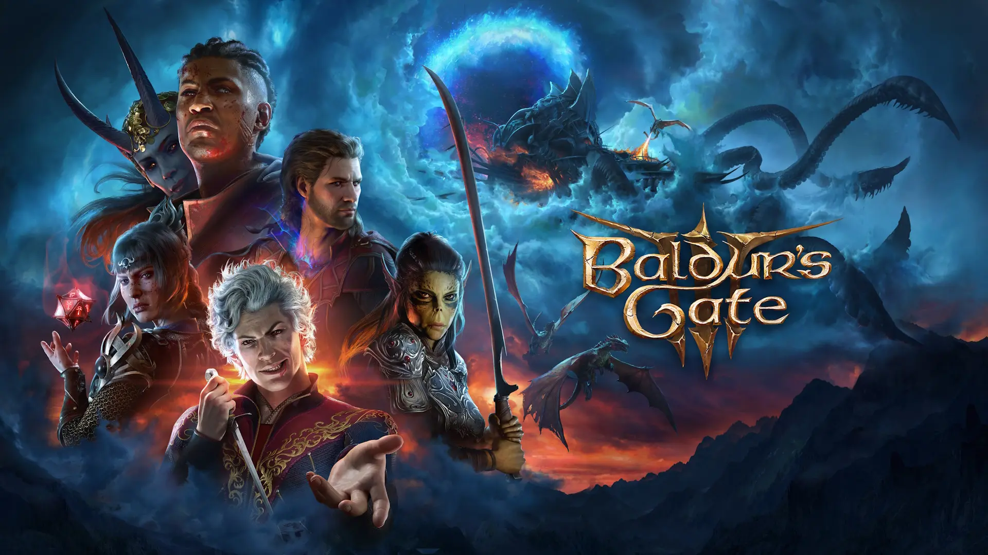 The companions/origin characters of Baldurs gate 3 appear in action poses by the game's title. An eldritch craft with giant tentacles spirals through the sky with dragons in pursuit.