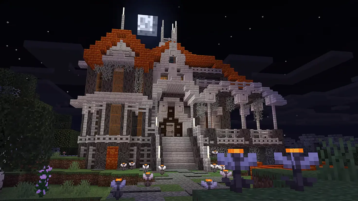 A large house in the Minecraft video game built from materials included in The Garden Awakens update