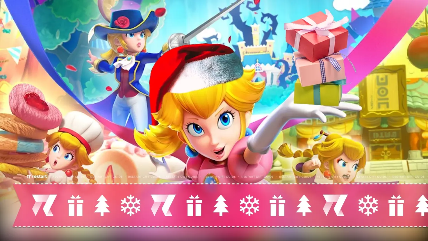 Promotional image for the Princess Peach: Showtime video game that's been edited to have Peach wear a Christmas hat