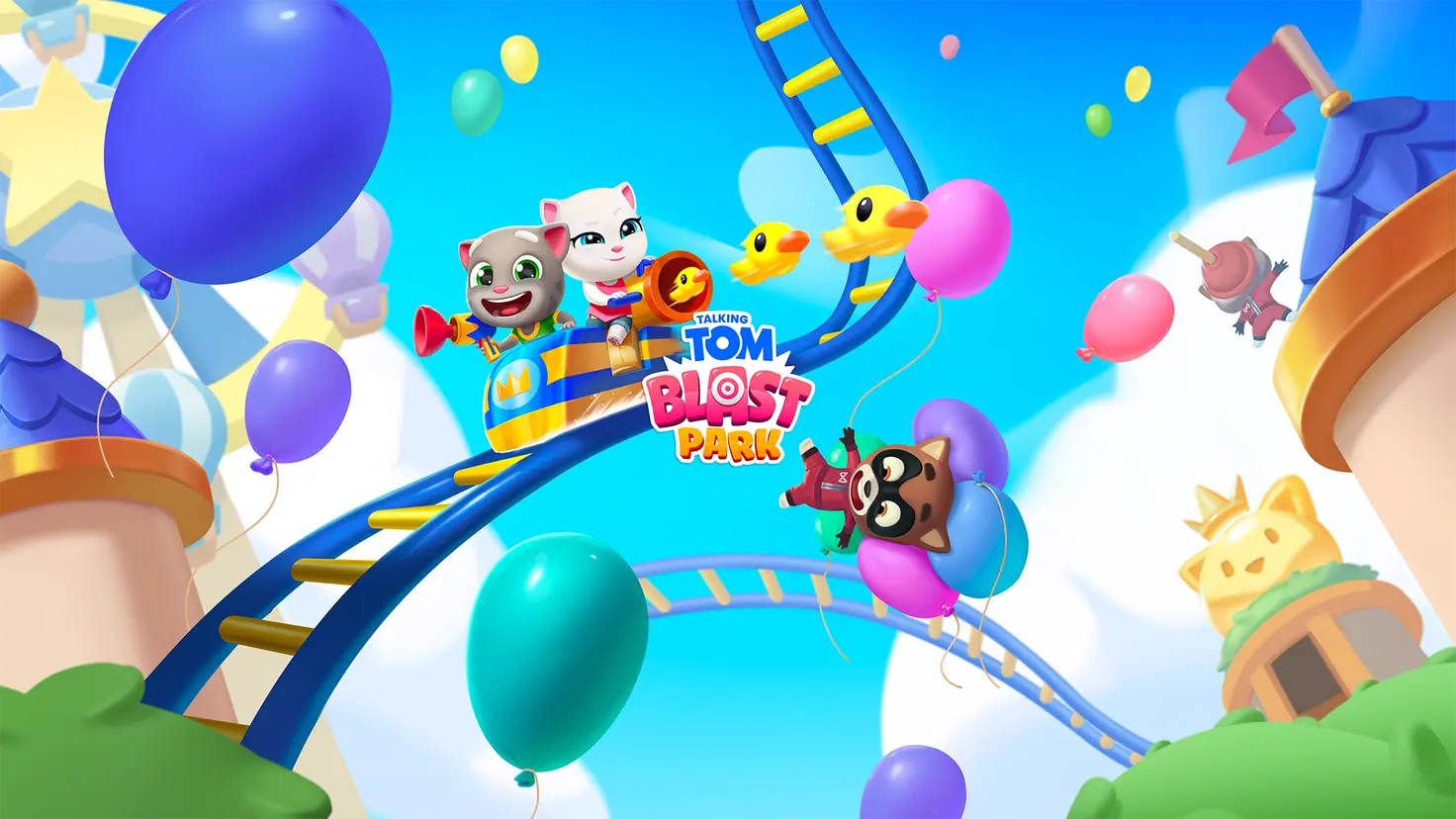 Artwork for the Talking Tom Blast Park mobile game showing Talking Tom and Angela riding a roller coaster