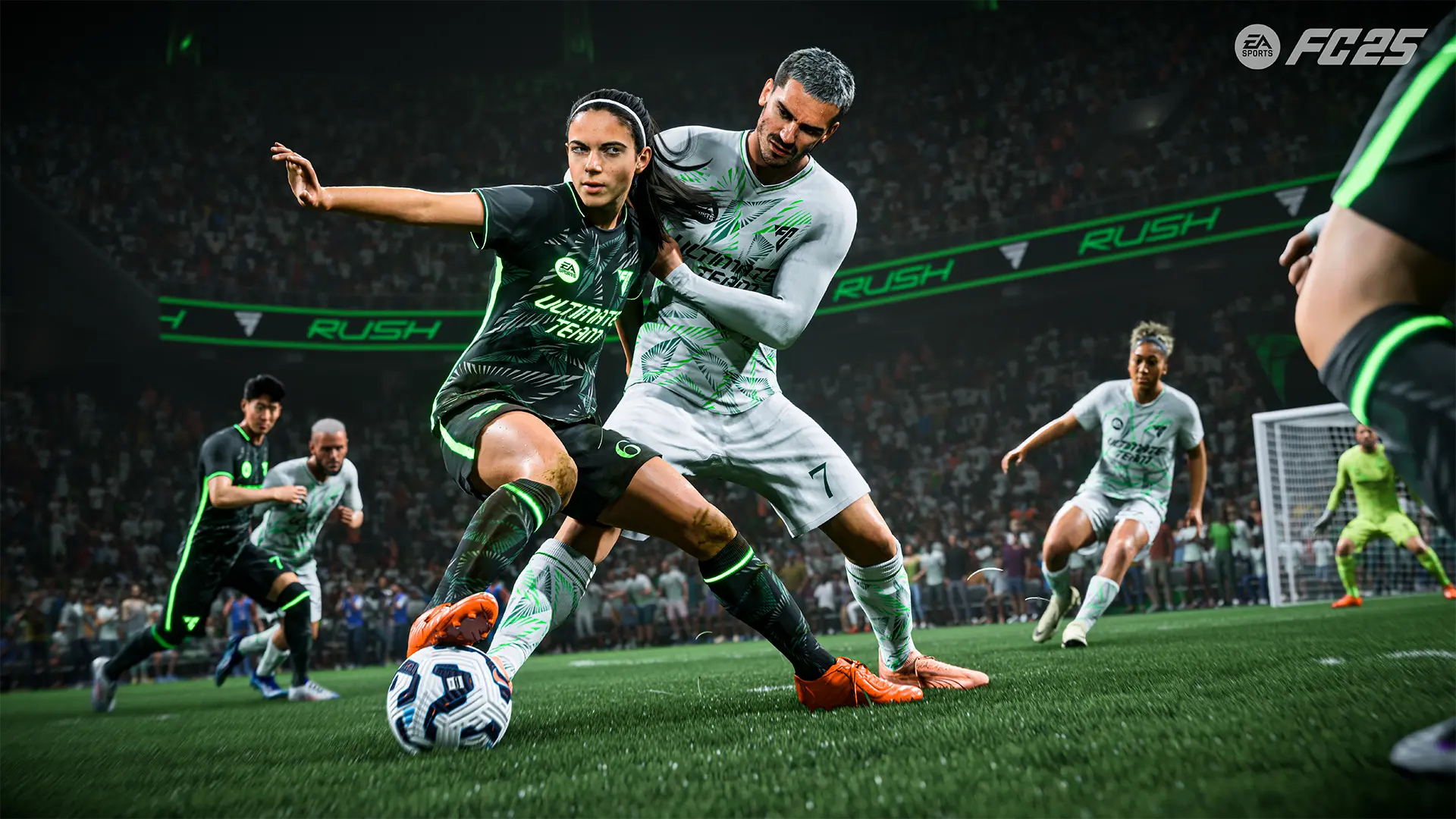 Two players struggle for control of the ball in the EA Sports FC 25 video game