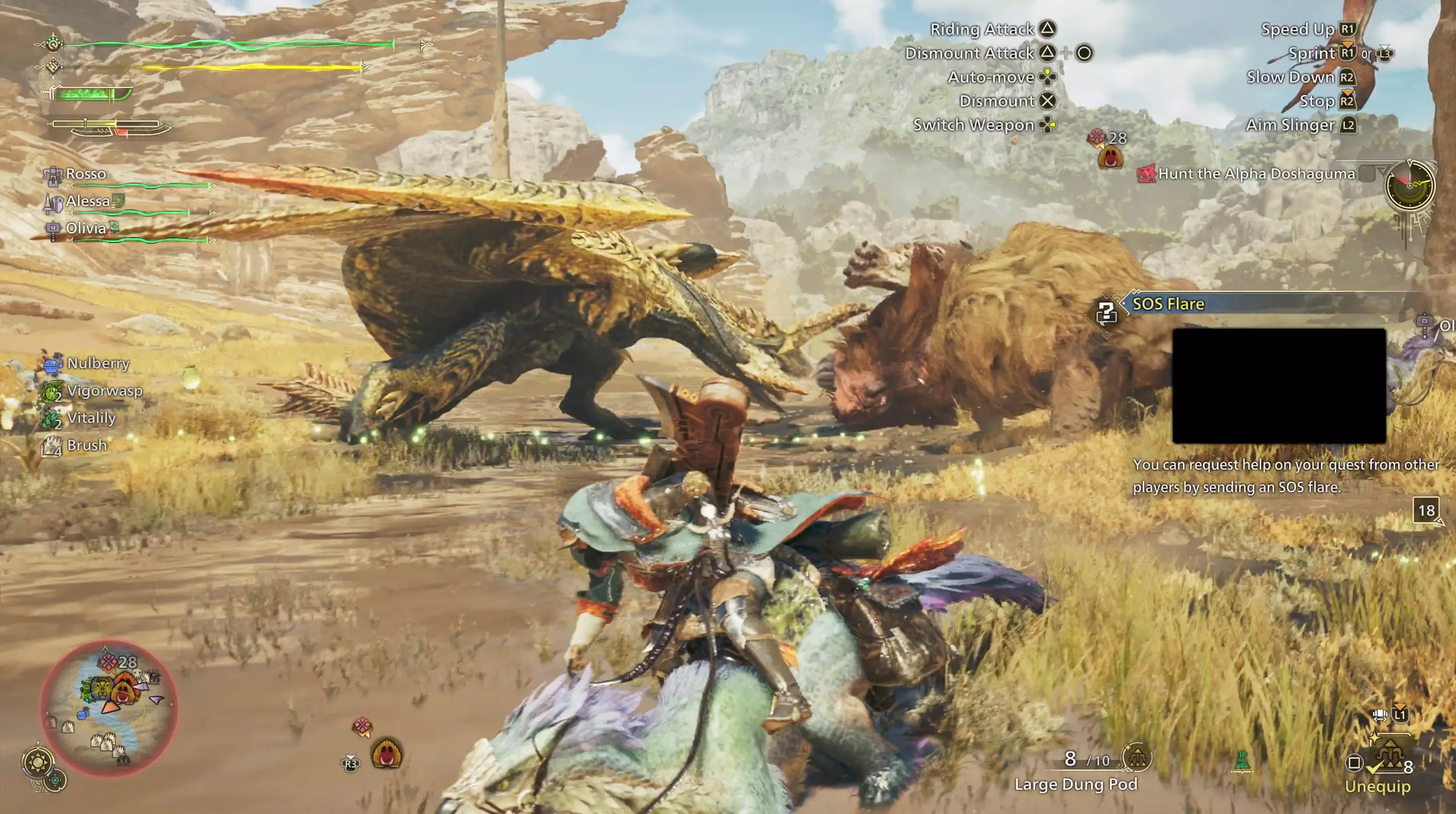 The player character rides their Seikret near two fighting monsters in the Monster Hunter Wilds video game