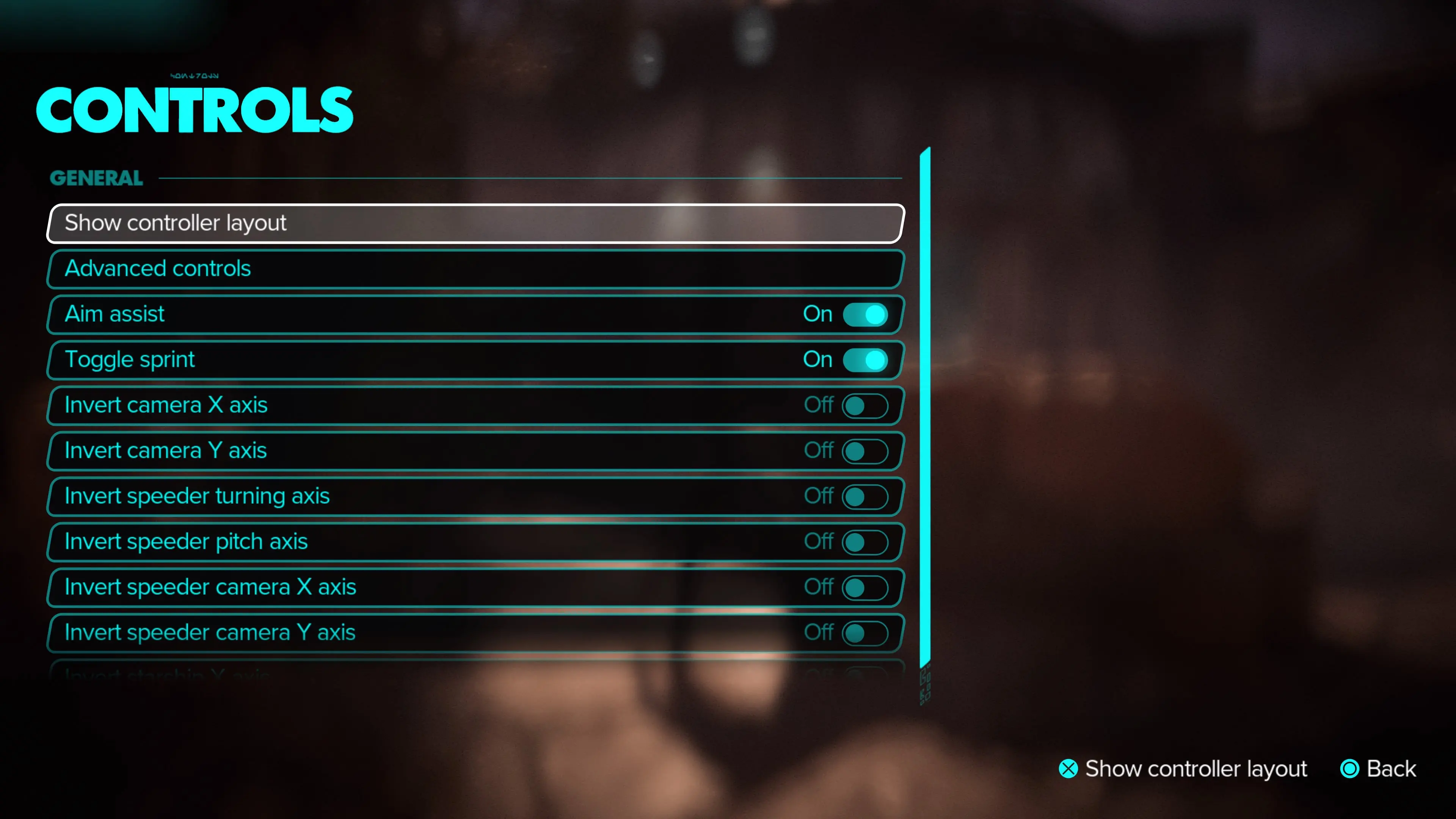 Screenshot from the Star Wars Outlaws video game showing some of the controls options players can change