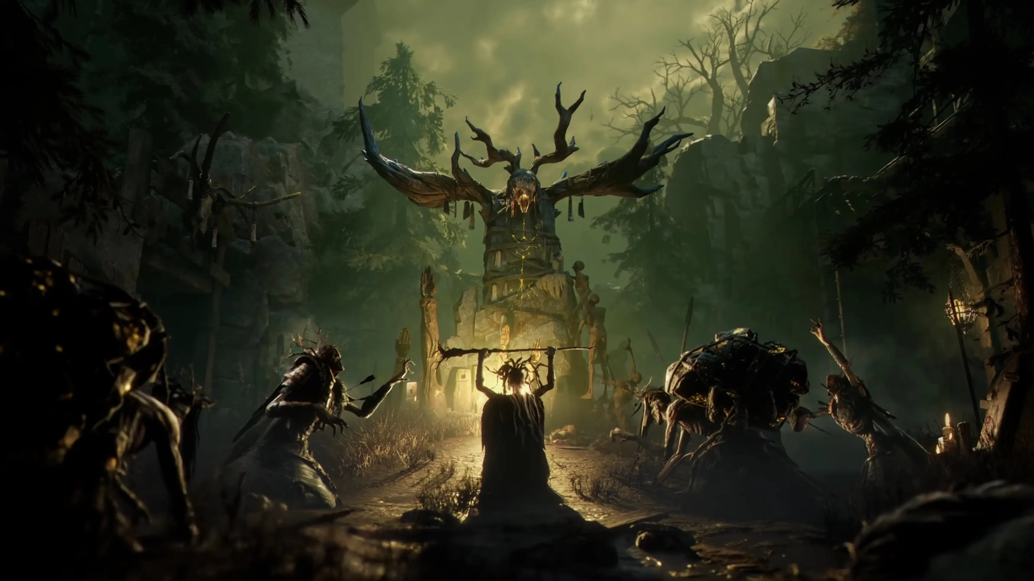 Human figures bowing toward a sculpture in the woods in the Mistfall Hunter video game