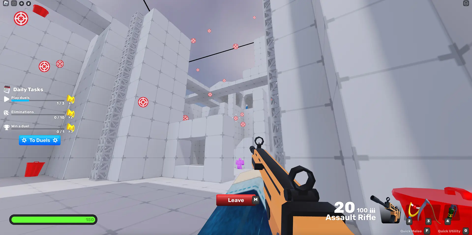 A Roblox player aims an assault rifle at a shooting range target from a first-person perspective