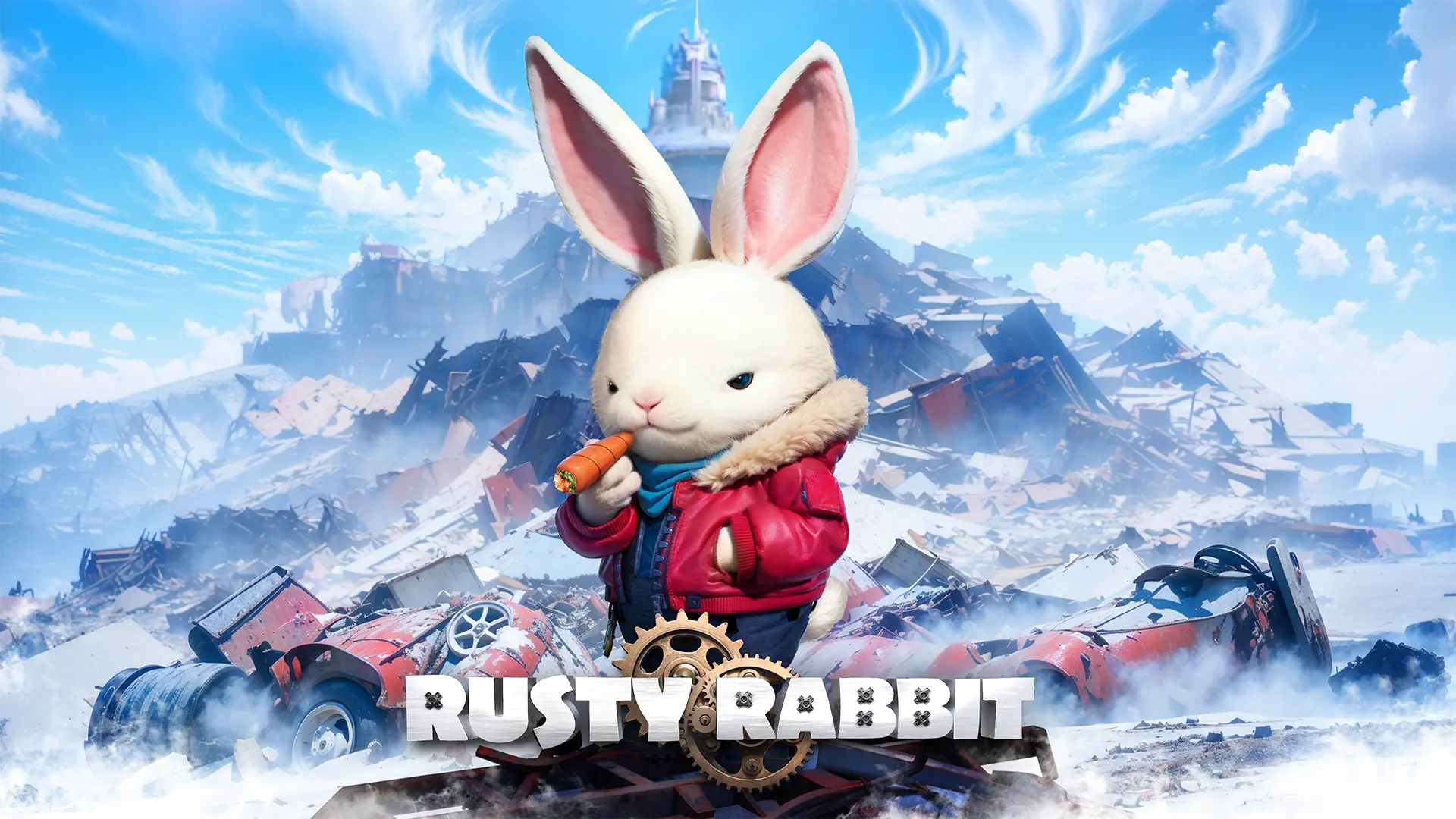 White rabbit wearing a red winter jacket and smoking a carrot cigarette standing in front of a snowy mountain covered in debris