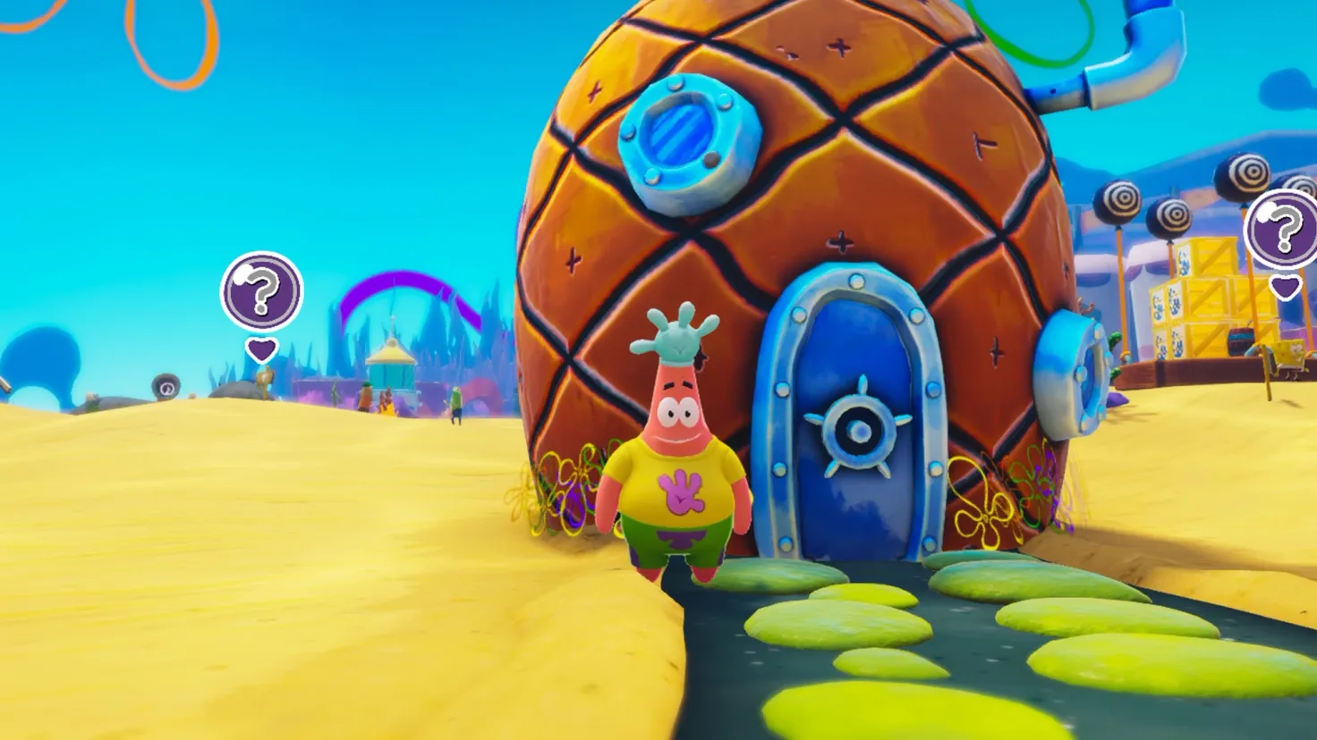 Patrick Star wearing a Glove World t-shirt and hat stands outside SpongeBob SquarePants' house in The Patrick Star video game