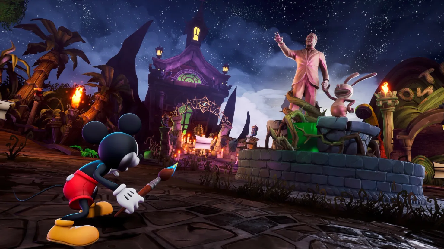 Mickey Mouse looks at a statue of Walt Disney and Oswald in the Epic Mickey: Rebrushed video game