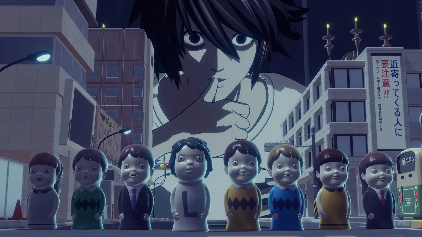 Light Yagami looks down over a table of doll player models who are his investigator team in a city landscape