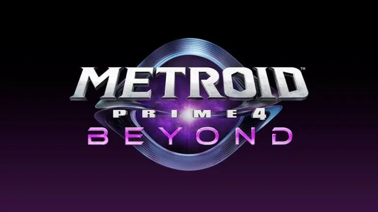 Keyart for Metroid Prime 4: Beyond showing the game's logo with a purple light behind it.