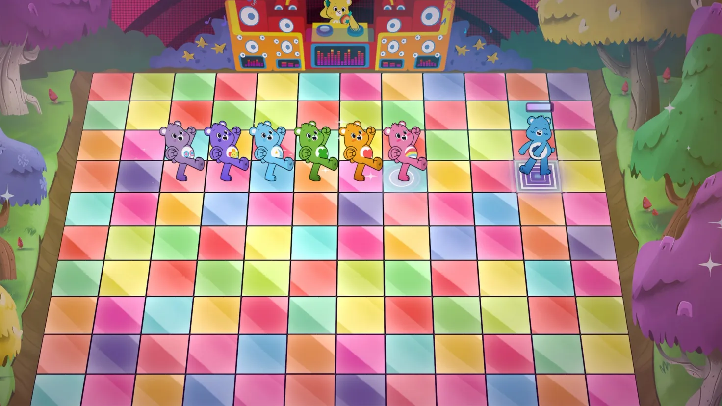 Six Care Bears walking in a horizontal line toward a dancing Care Bear at the right side of a dance floor