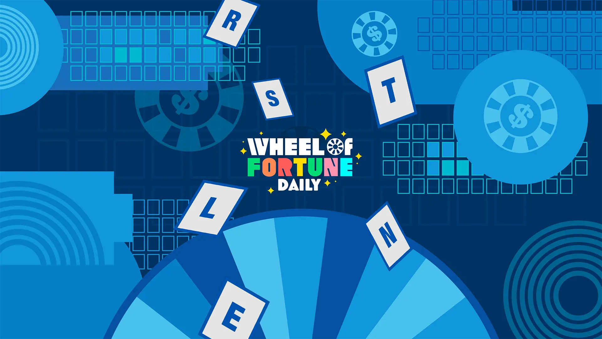 The Wheel of Fortune Daily logo against a navy blue background filled with icons related to the Wheel of Fortune television series