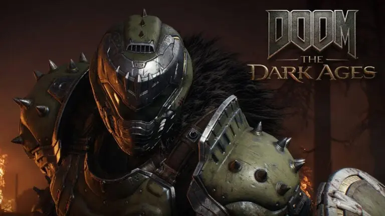 Doom: The Dark Ages keyart, featuring the doomslayer in a gladiatorial armor with a shield.