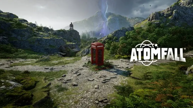 Atomfall keyart, featuring an old British red phone booth in the middle of a mountainscape, a strange anomaly can be seen in the far distance.