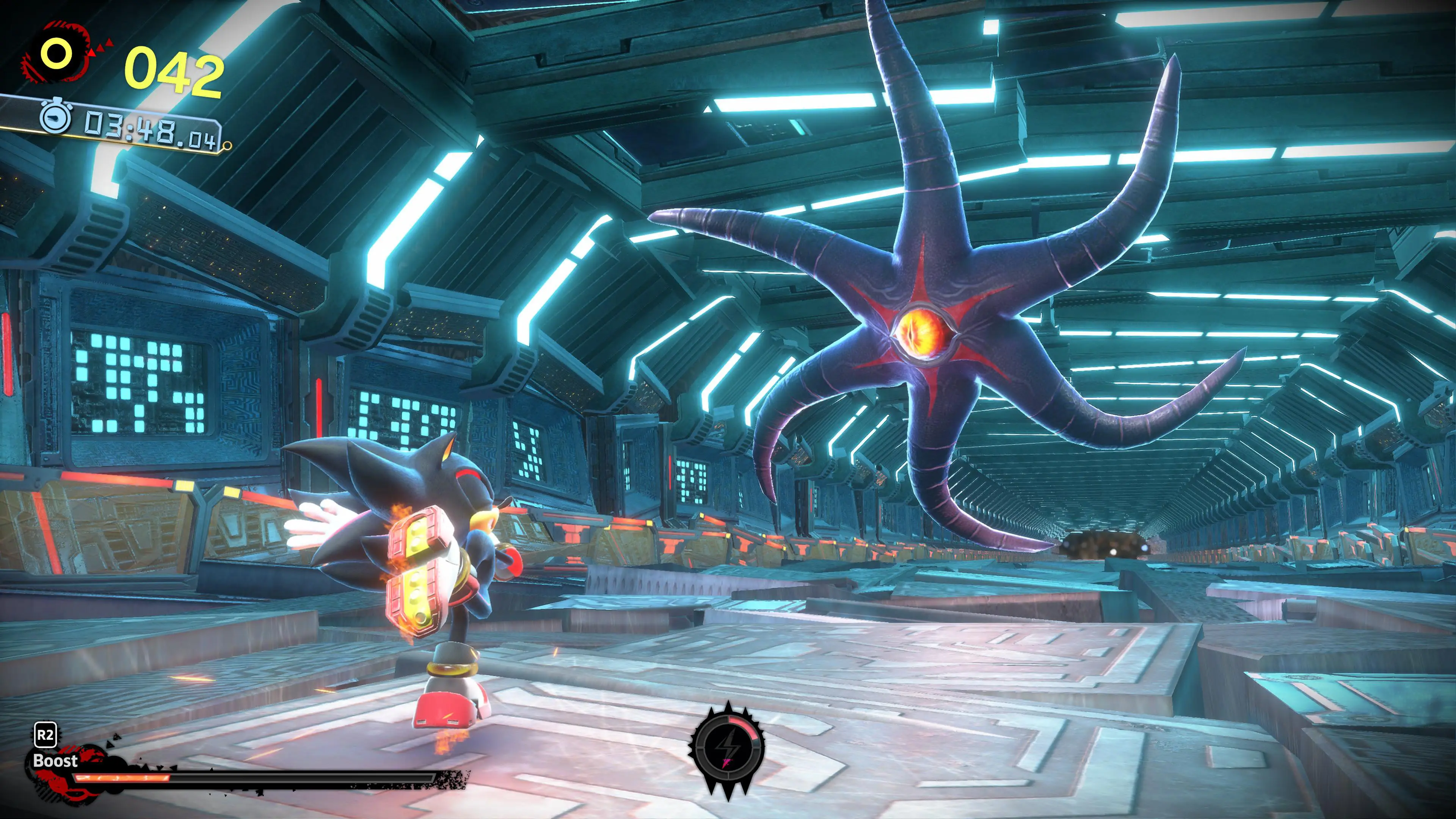 Shadow faces an enemy with a single large eyeball and six long tentacles in the Sonic x Shadow Generations video game