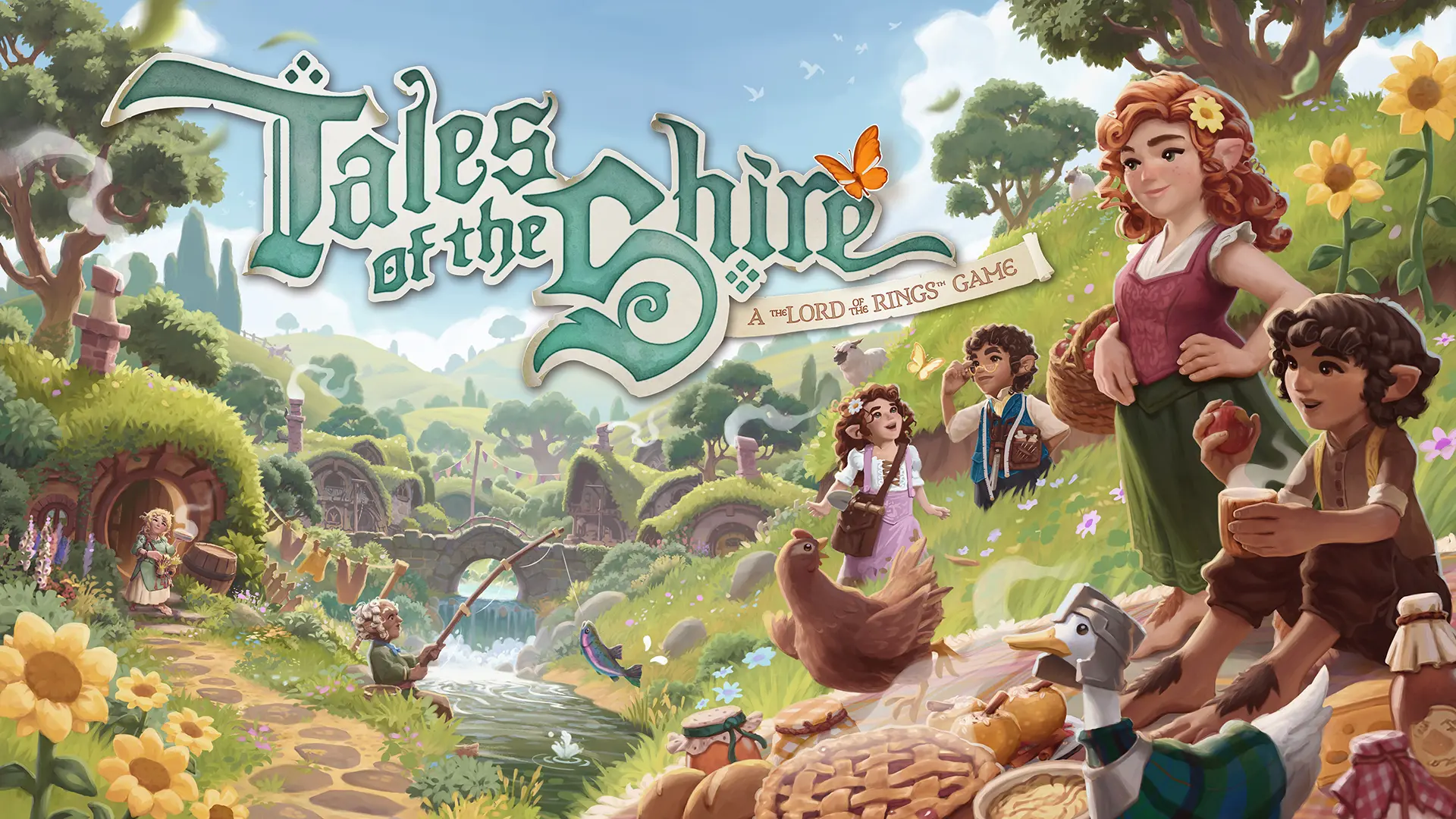 Male and female hobbits in a lush valley near a river. The Tales of the Shire: A The Lord of the Rings Game logo is near the top-left corner