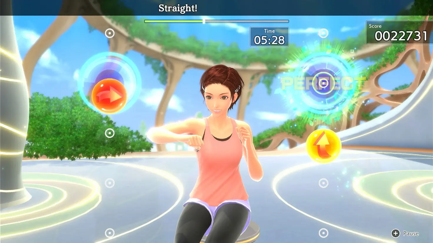 A virtual trainer in the Fitness Boxing 3 video game performs boxing actions while seated