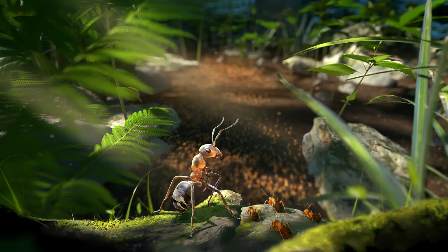 A brown ant standing on its rear legs in the foreground as an army of ants marches into the distance