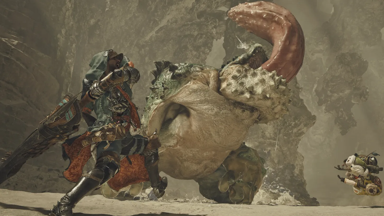 A hunter prepares to swing his sword at a large creature in Monster Hunter Wilds