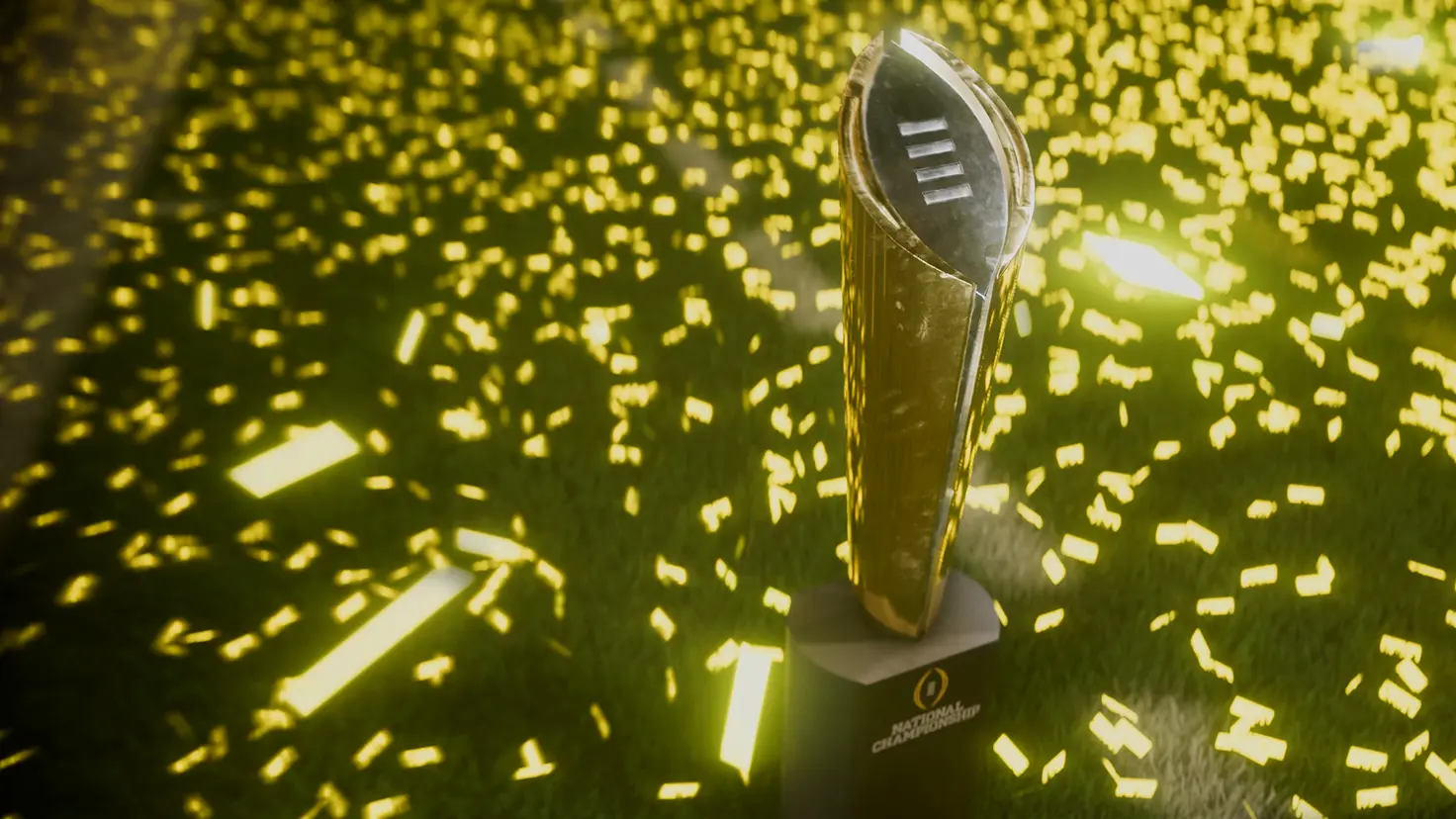 The National Championship Trophy in the EA Sports College Football 25 video game surrounded by gold confetti