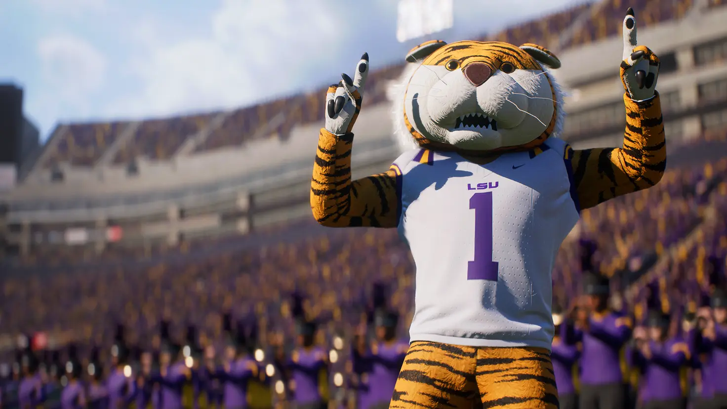 The Mike the Tiger mascot from Louisiana State University in the EA Sports College Football 25 video game