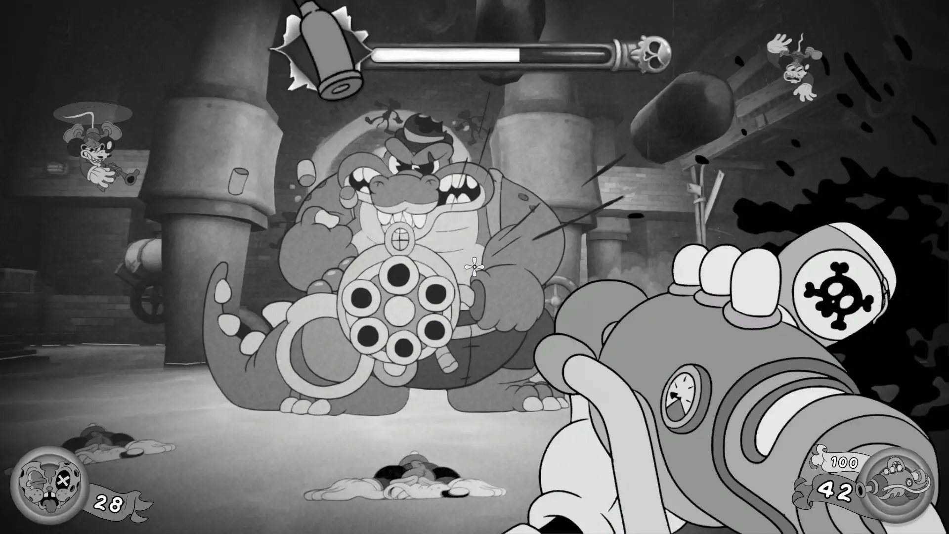 Black and white scene of a reptile aiming at large gun at the player, who is aiming their own weapon back at the reptile