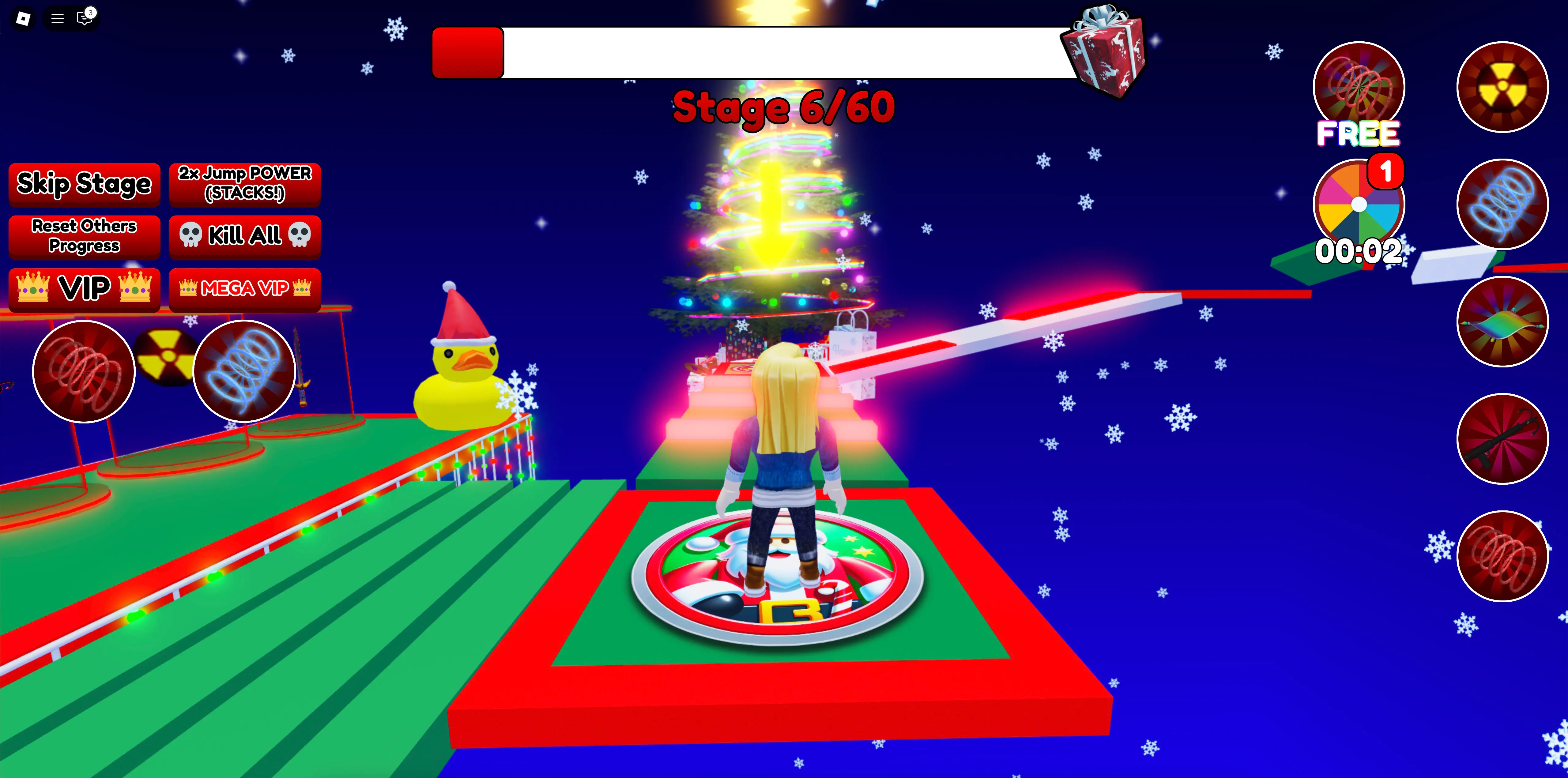 A Roblox player stands on a checkpoint platform in the Christmas Obby Roblox experience