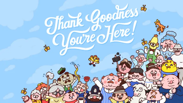 A cast of cartoon characters of various shapes and sizes throws their arms up in celebration on the keyart of Thank Goodness You're Here!