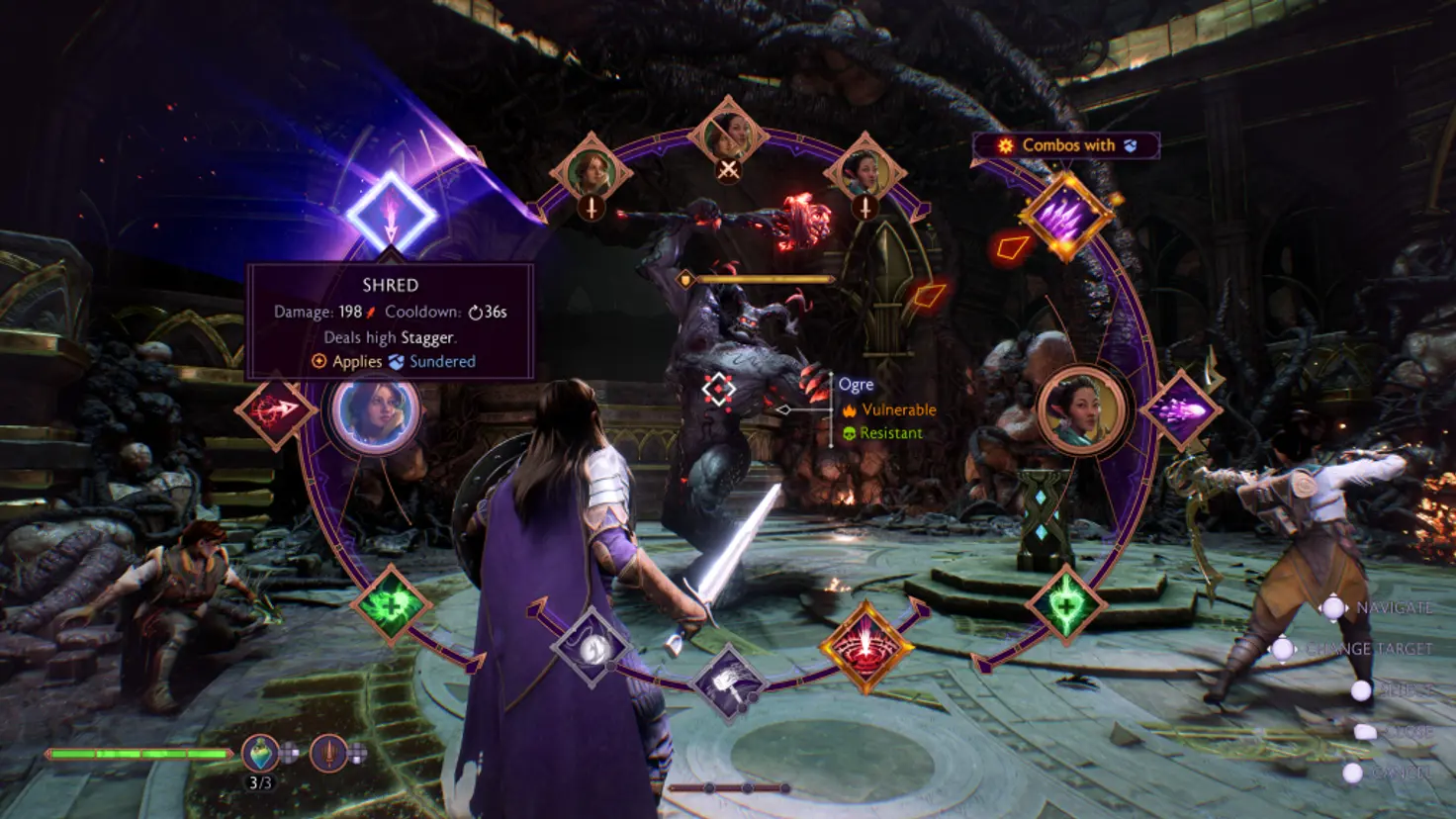 Dragon Age: The Veilguard's combat wheel showing various spells and abilities the protagonist can execute during real-time battles.