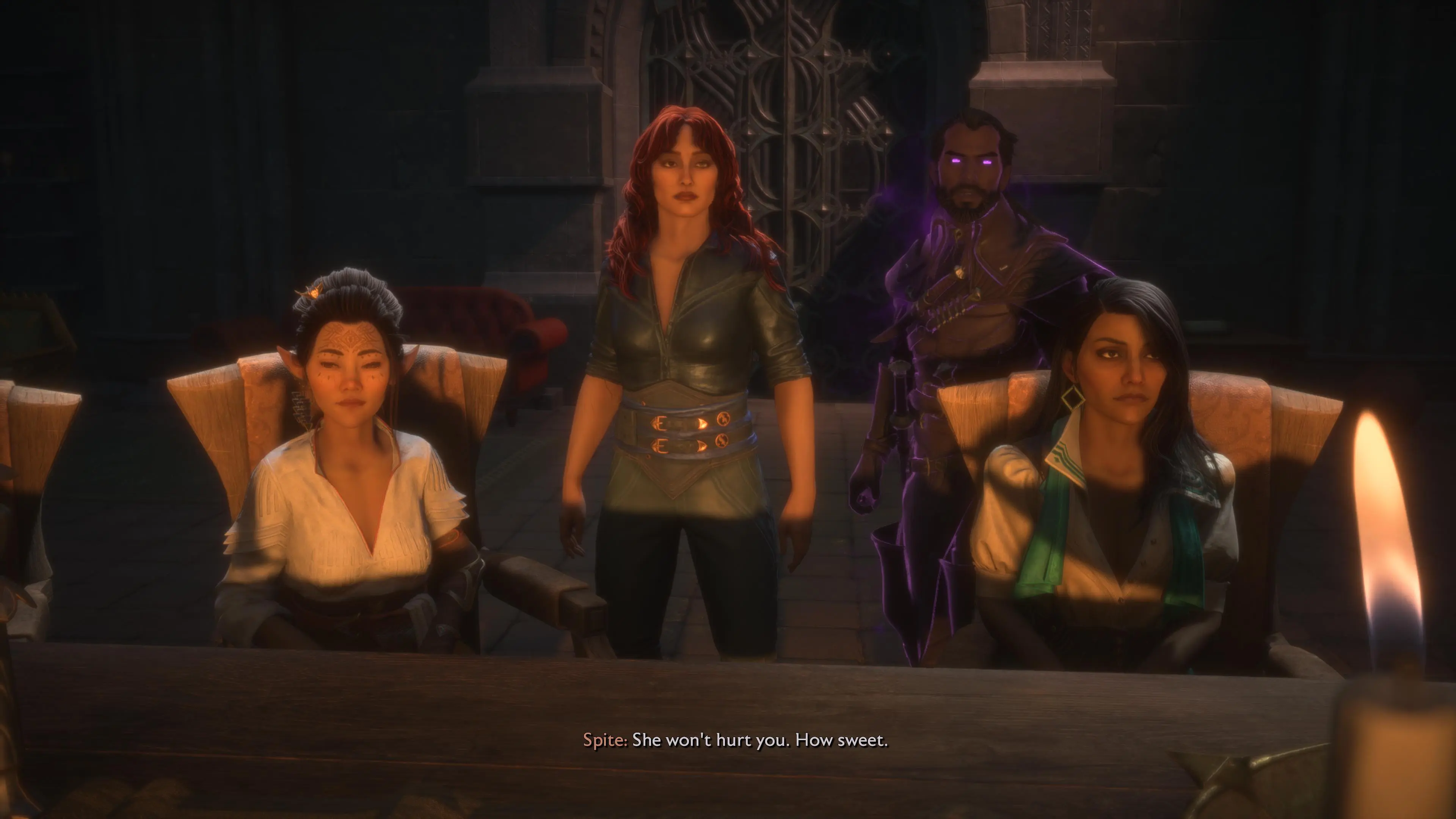 Rook and three of their companions in the Dragon Age: The Veilguard video game. Text at the bottom reads: "Spite: She won't hurt you. How Sweet."