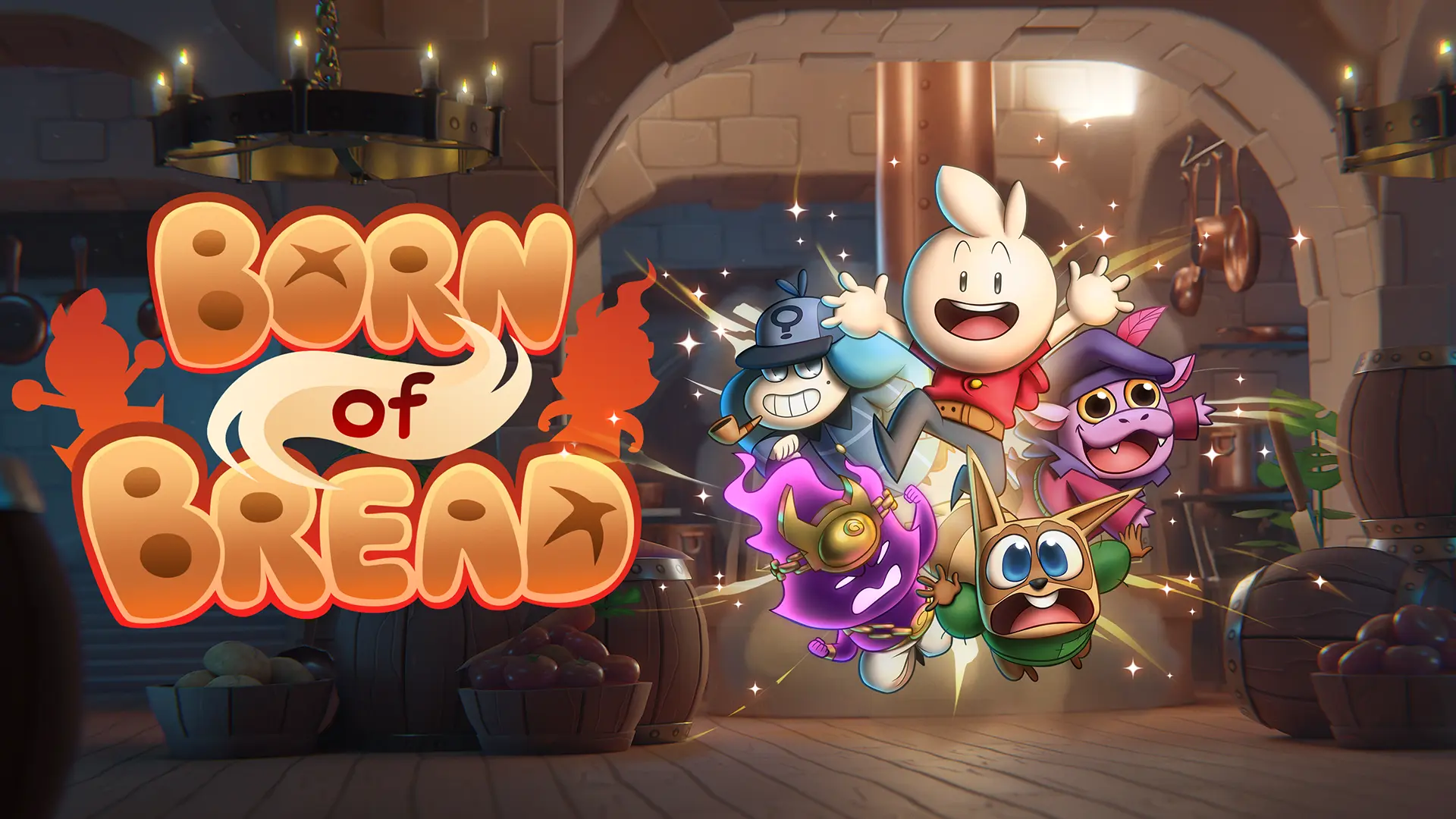 A group of characters from the Born of Bread video game jumps in the air to the right of the game's logo