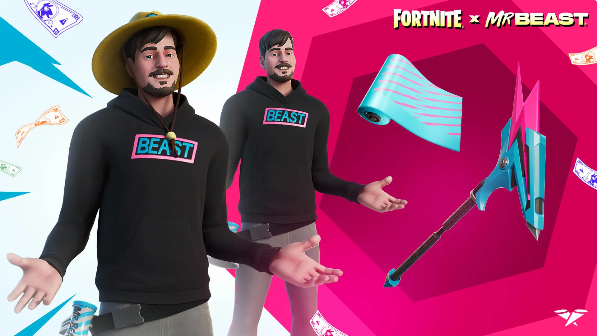 MrBeast's Fortnite Icon series skin wearing a big round hat