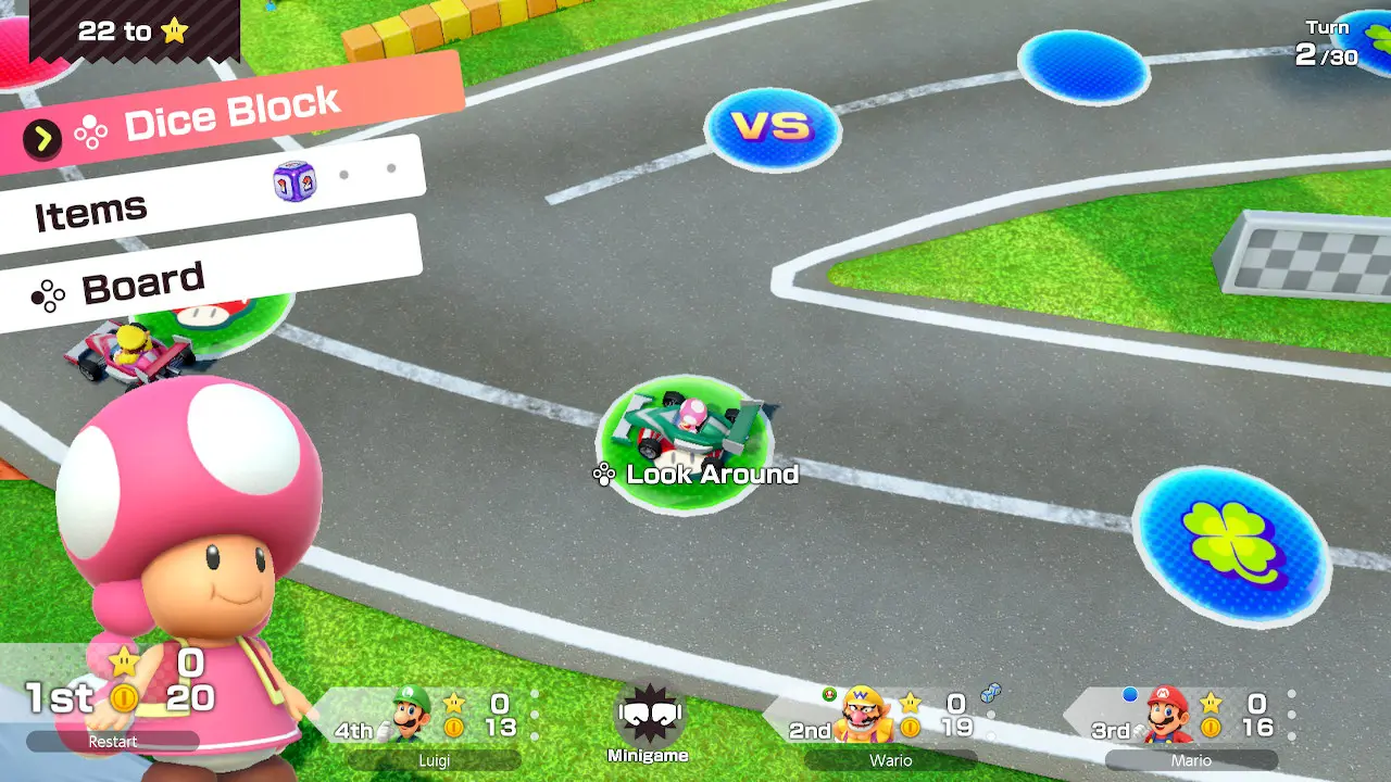 The player, playing as Toadette, chooses from three actions they can take on their turn in the Super Mario Party Jamboree video game