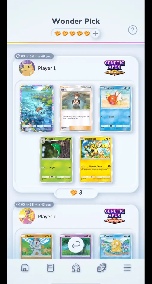 The Wonder Pick screen in the Pokemon TCG Pocket mobile app