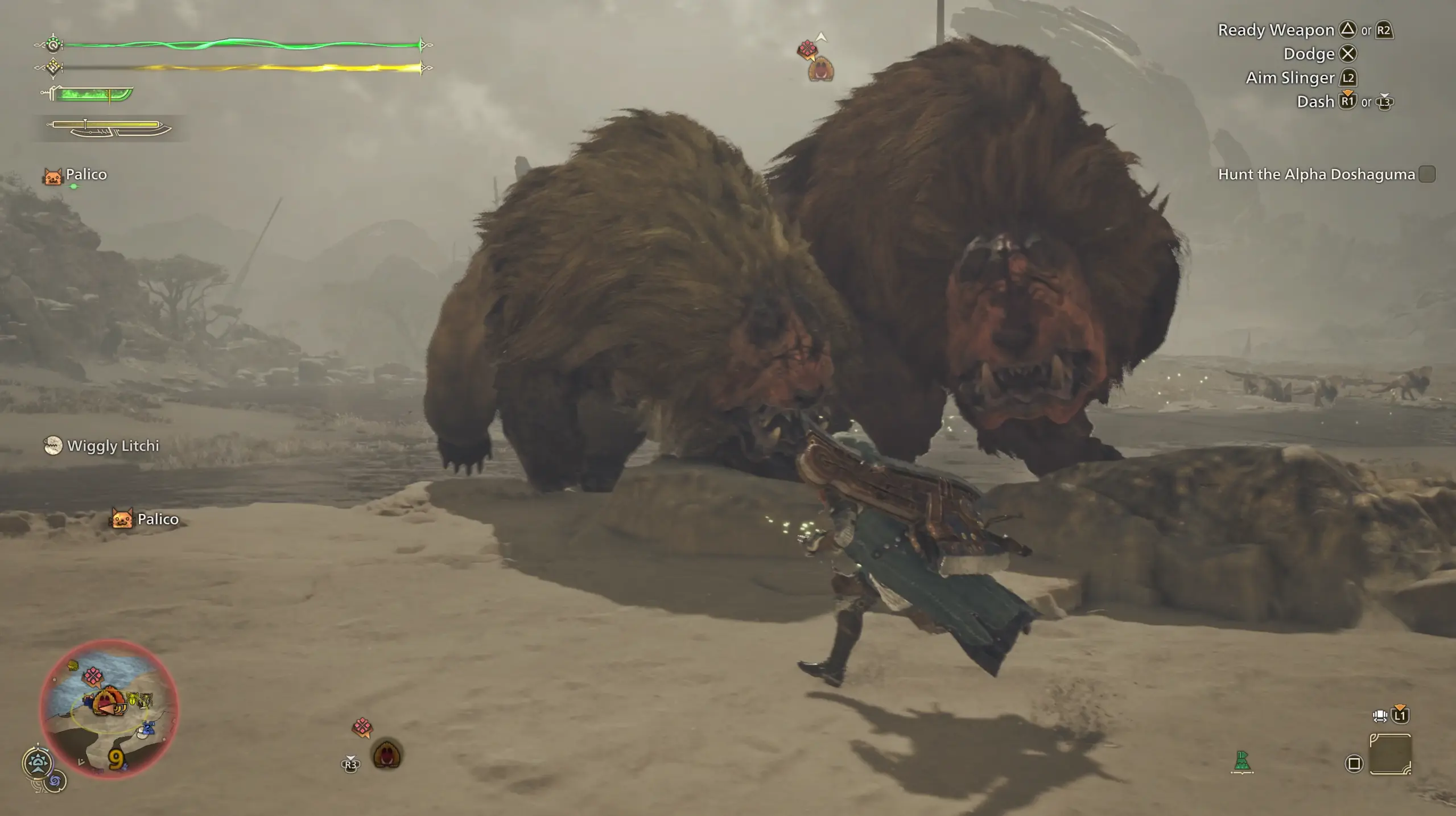 The player character runs in front of two Doshaguma monsters in the Monster Hunter Wilds video game