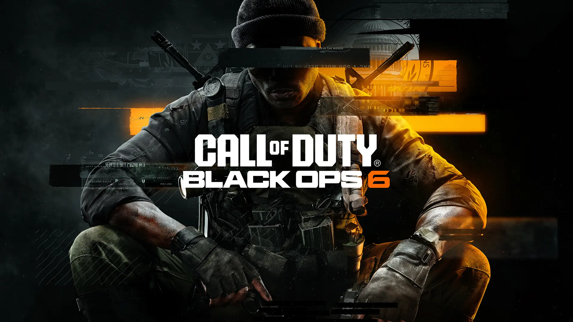 A military operative crouches with a black bar over their eyes protecting their identity. The Call of Duty Black Ops 6 logo is in the center of the image.