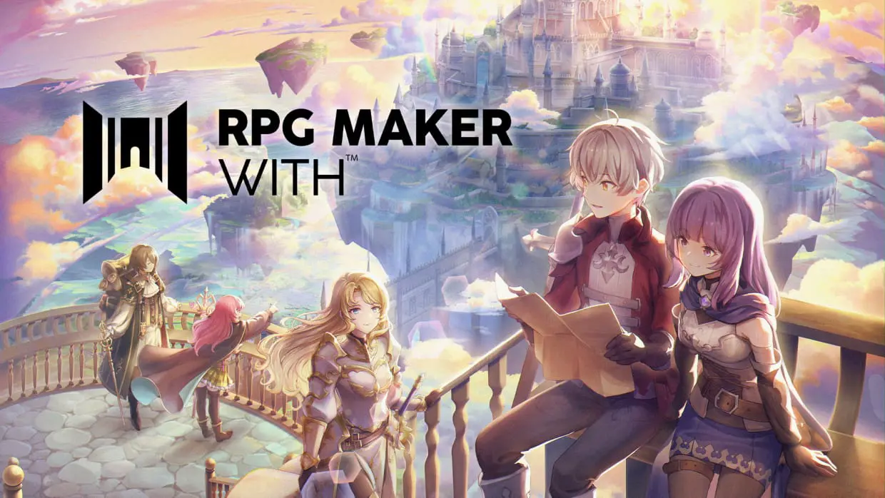 Characters from the RPG Maker With video game on a staircase at the top of a city covered in clouds. The game's logo is at left.