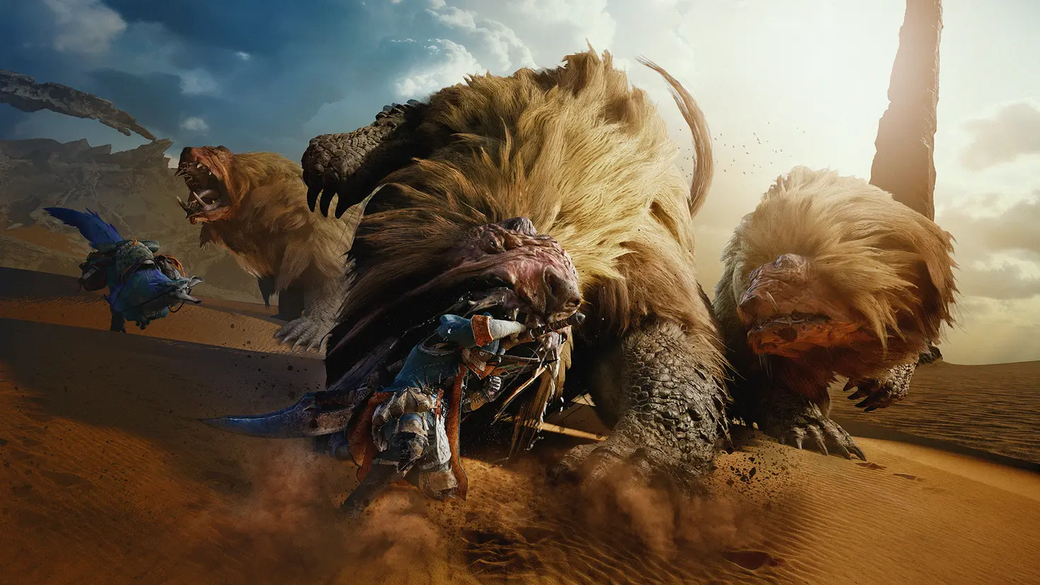 A hunter fights a pack of monsters in a desert environment in the Monster Hunter Wilds video game