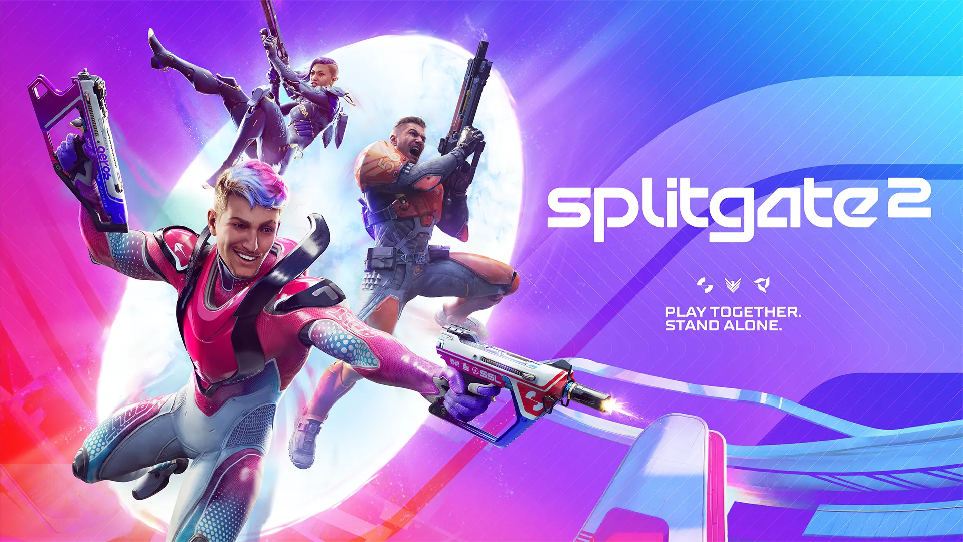 Three characters holding weapons in battle poses at left with the white "Splitgate 2" logo at right. The text "Play Together. Stand Alone." is under the logo.