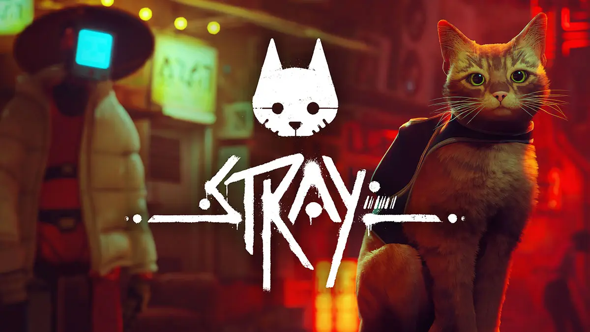 A ginger cat from Stray with a backpack sits in a cyberpunk street with a robot in the blurred background