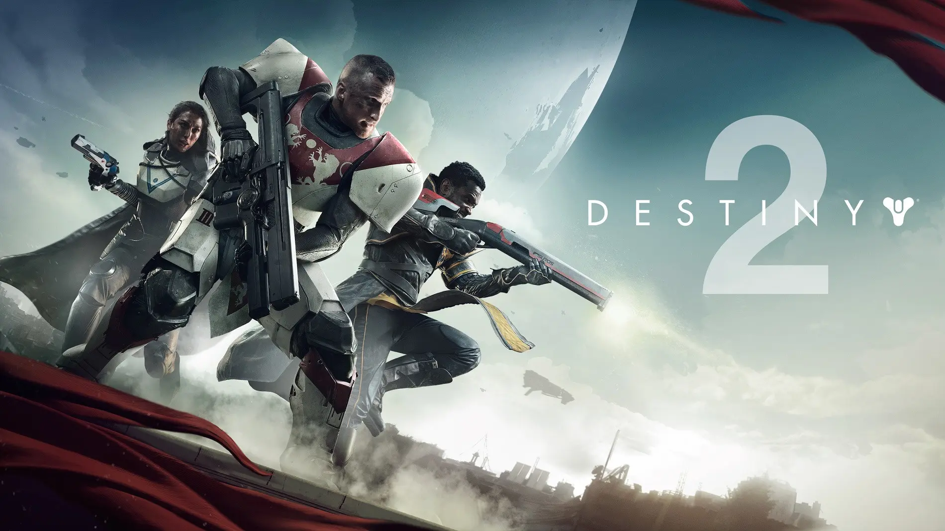 A group of Destiny 2 characters hold weapons in battle positions to the left of the game's logo