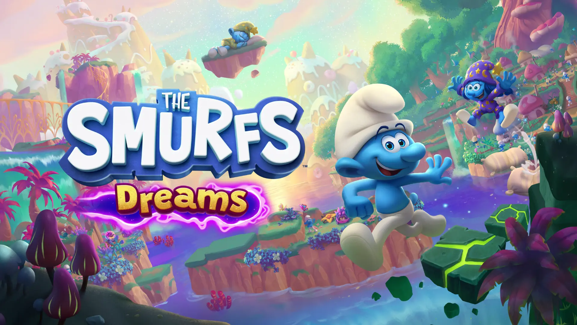 Two Smurfs jump across floating platforms in a fantasy-themed environment. "The Smurfs - Dreams" logo is at left.